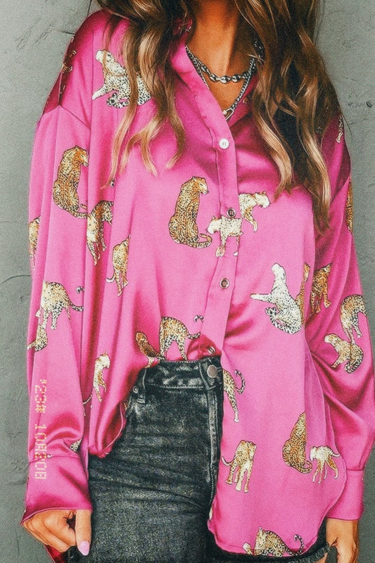 Pink Panther Satin Long Sleeve Jungle Cat Print Blouse