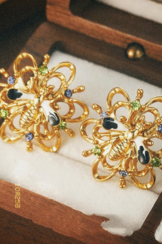 Annie Antique Gold Diamond Alloy Plated Flower Earrings