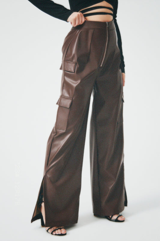 Fashion PU Trousers Metal Zipper Pocket Long Pants