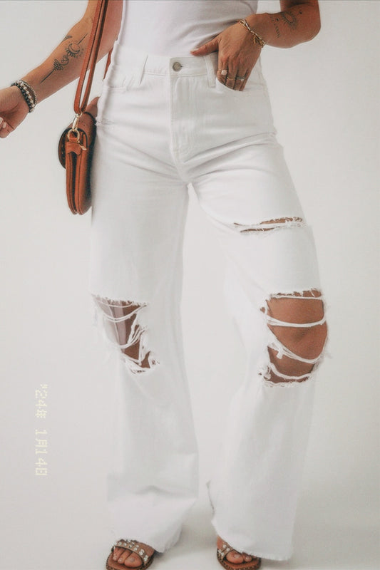 Get In Line Distressed White Jeans